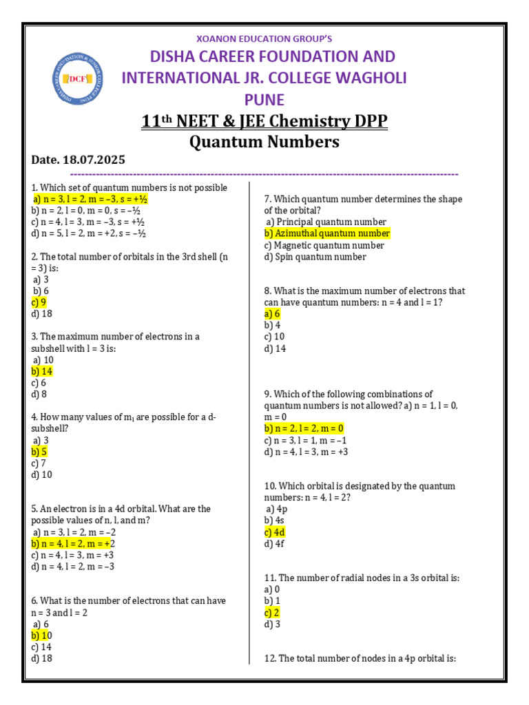NEET & JEE Chemistry DPP: Quantum Numbers | PDF | Atomic Orbital ...