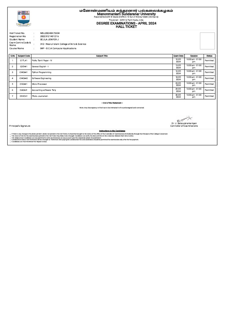 MSU Hall Ticket for April 2024 Exams | PDF | Computer Engineering ...