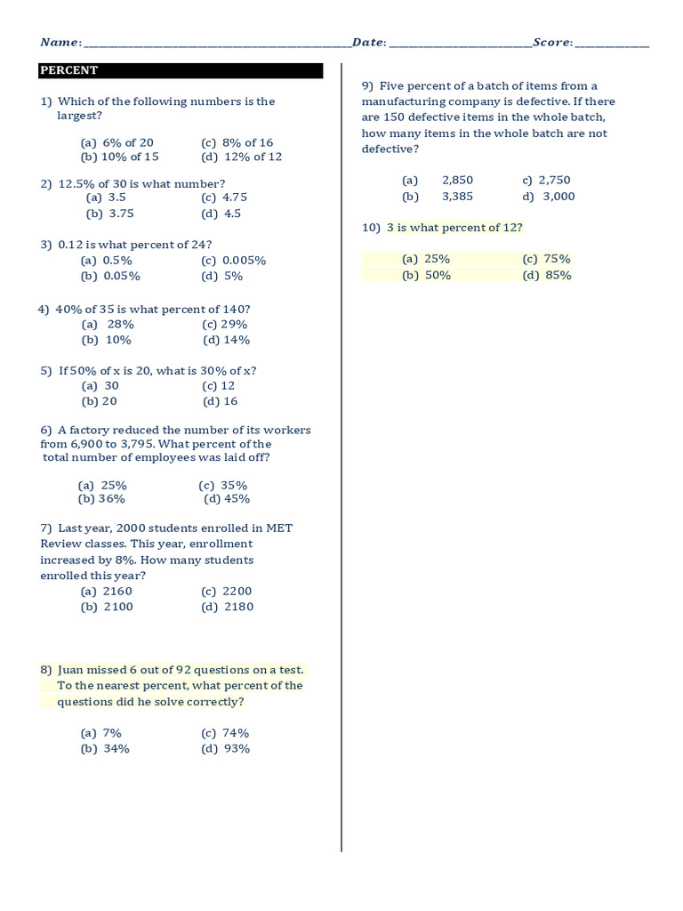 Easy Percentage Questions Worksheet | PDF
