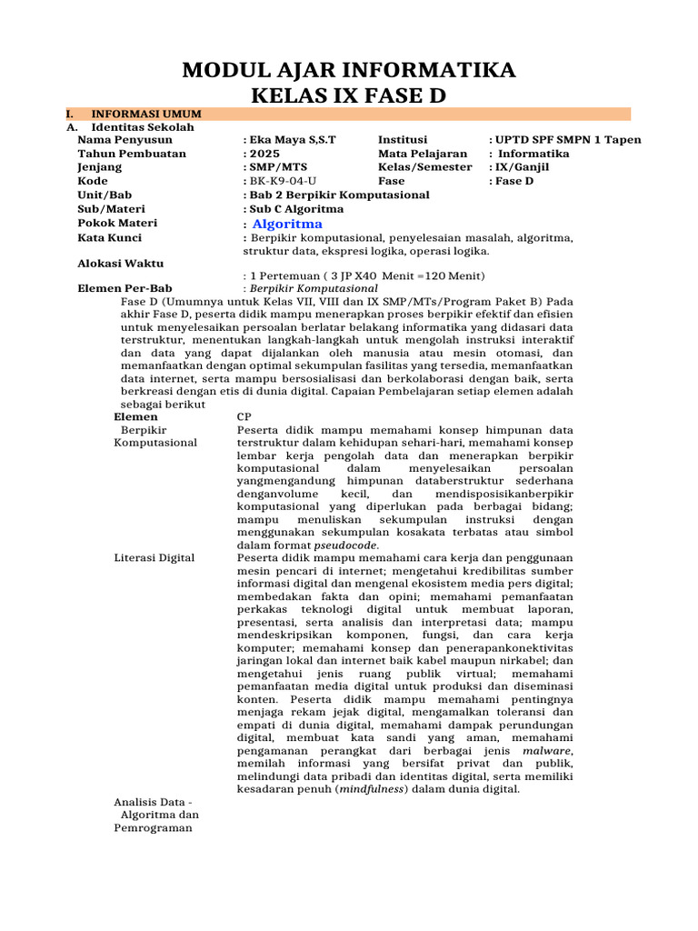 Modul Ajar Informatika Kelas IX Algoritma | PDF