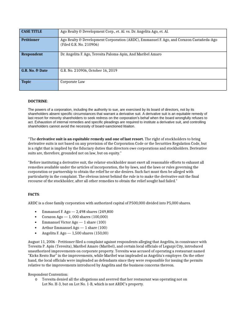 Corporate Derivative Suit Case Analysis | PDF | Lawsuit | Corporations