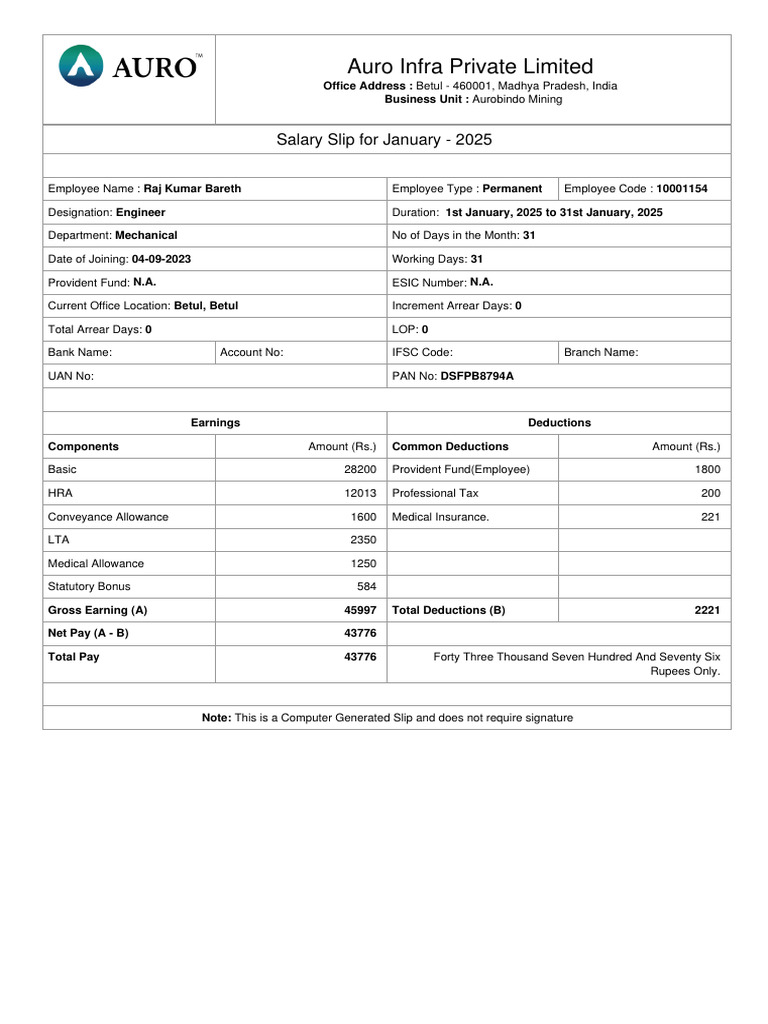Auro Infra January 2025 Salary Slip | PDF | Government Finances | Taxes