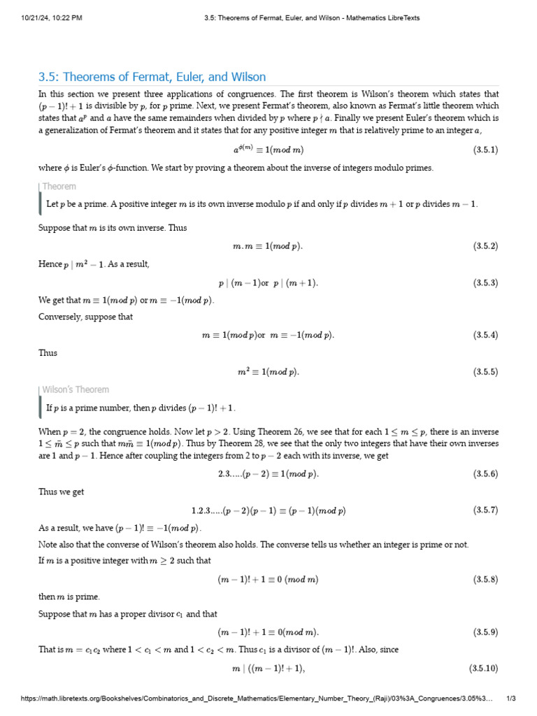 3.5 - Theorems of Fermat, Euler, and Wilson - Mathematics LibreTexts ...