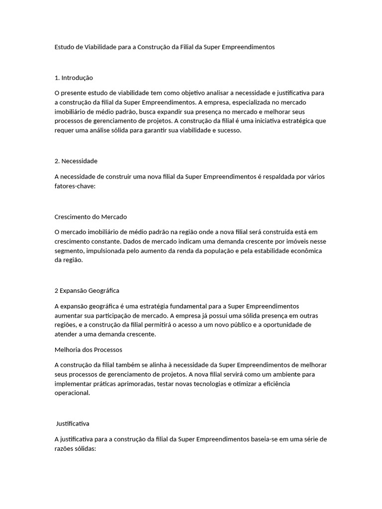Viabilidade da Nova Filial da Super Empreendimentos | PDF | Mercado ...