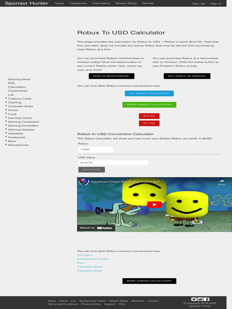 Robux To USD Calculator - Sponsor Hunter | PDF | United States Dollar ...