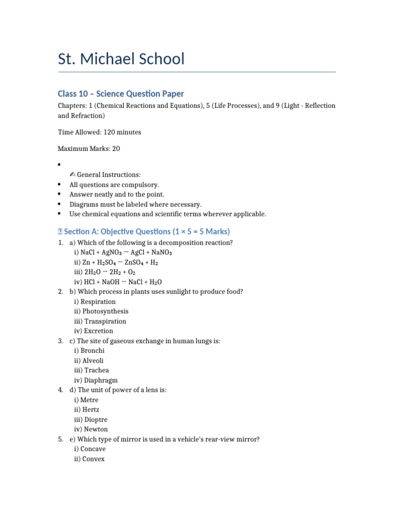 Class 10 Science Question Paper Corrected | PDF | Electromagnetic ...