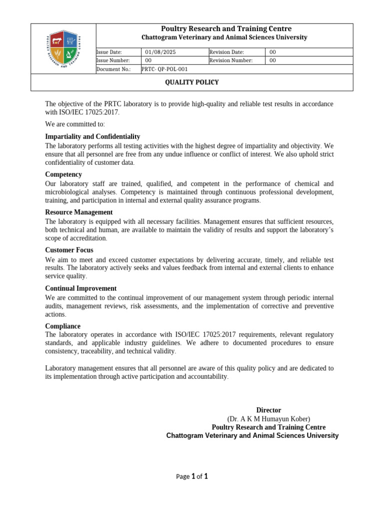 PRTC Quality Policy Overview | PDF | Laboratories | Audit