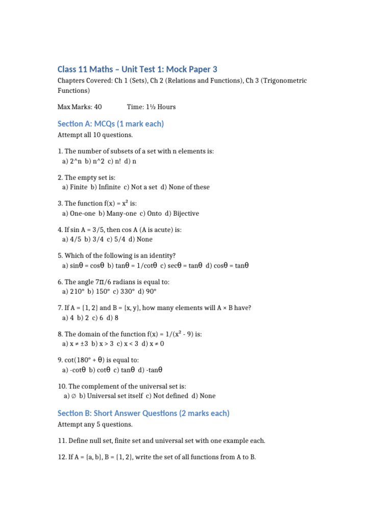 Class 11 Maths UT1 Mock Paper 3 | PDF