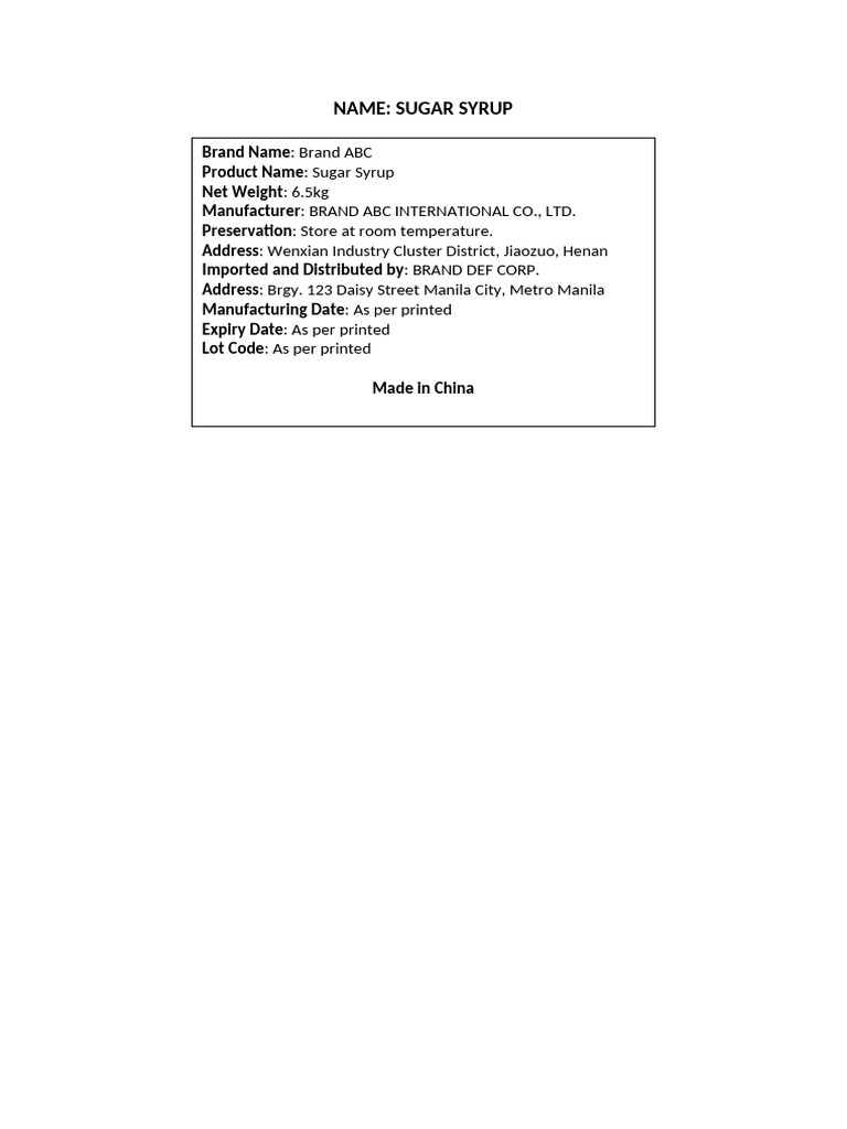 Packaging Label Sample For Raw Material | PDF
