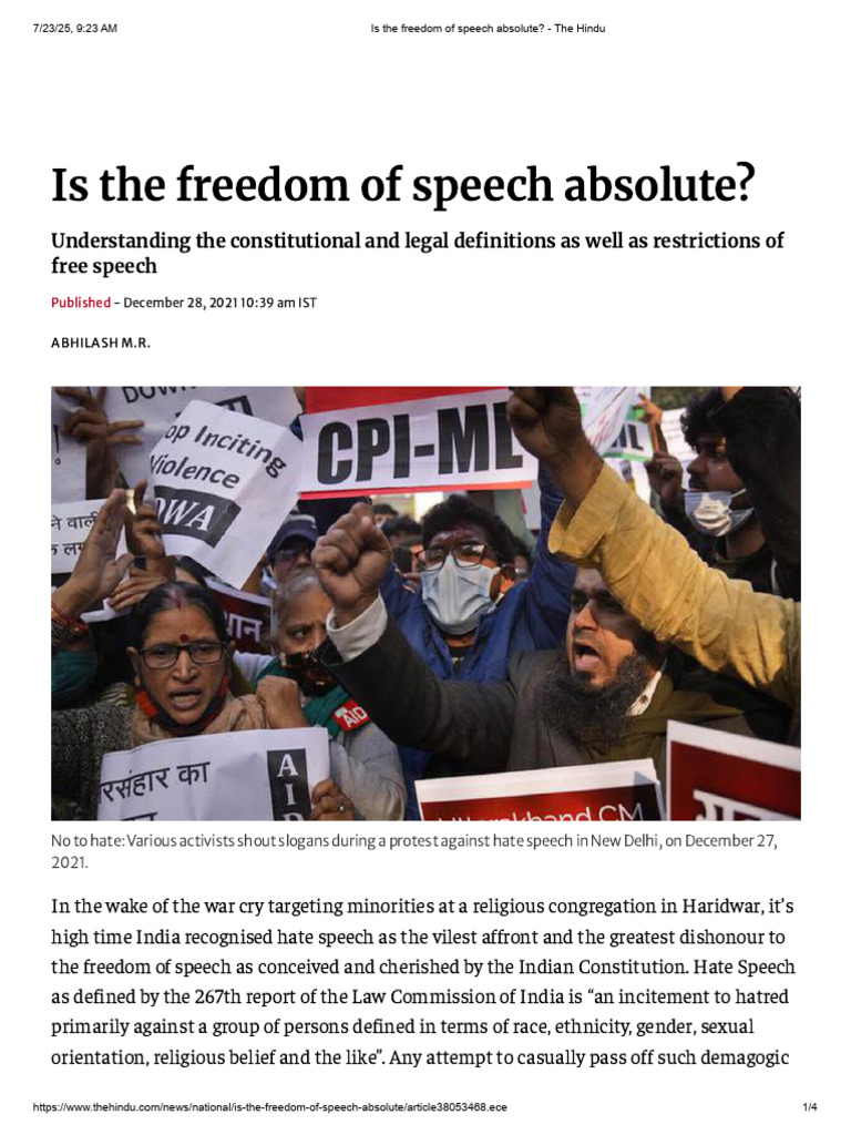 Is The Freedom of Speech Absolute - The Hindu | PDF | Hate Speech | Hatred