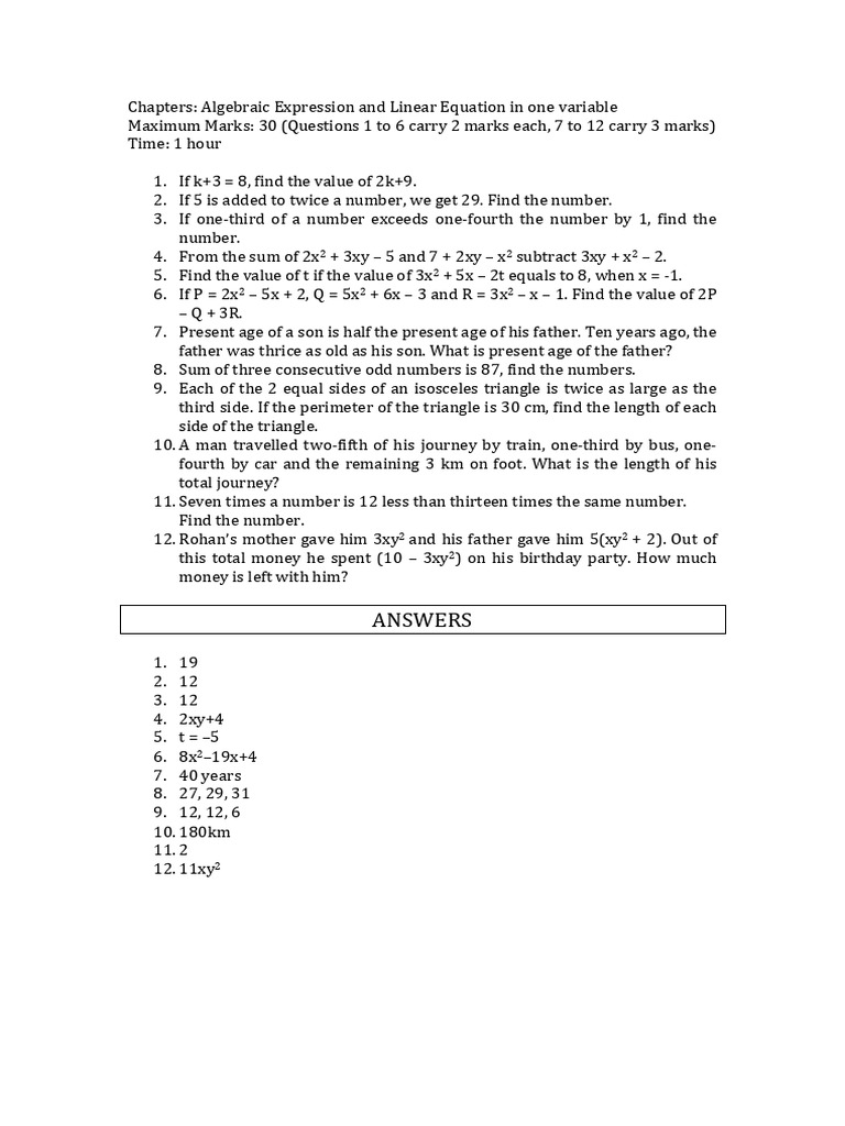 Algebra Expression and Linear Equations | PDF