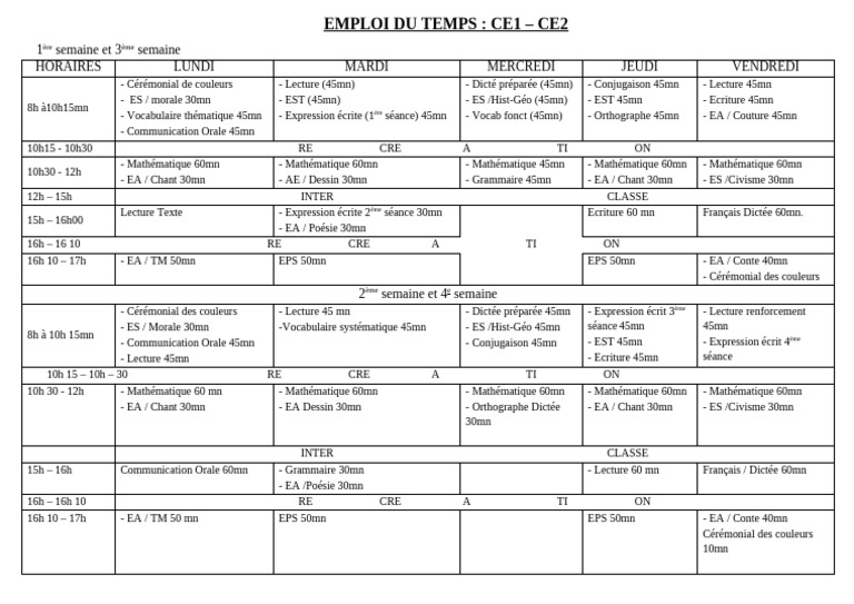 Emploi du temps CE1-CE2 détaillé | PDF | Écriture | Communication humaine