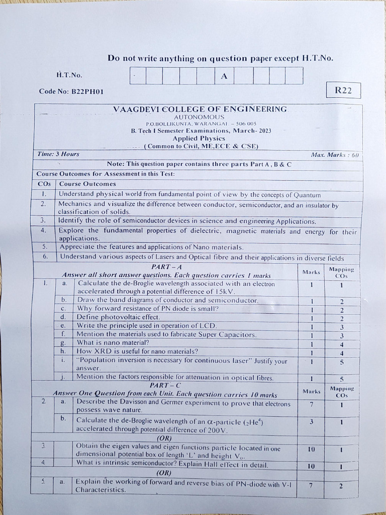 Applied Physics March 2023 Sem I Question Paper | PDF