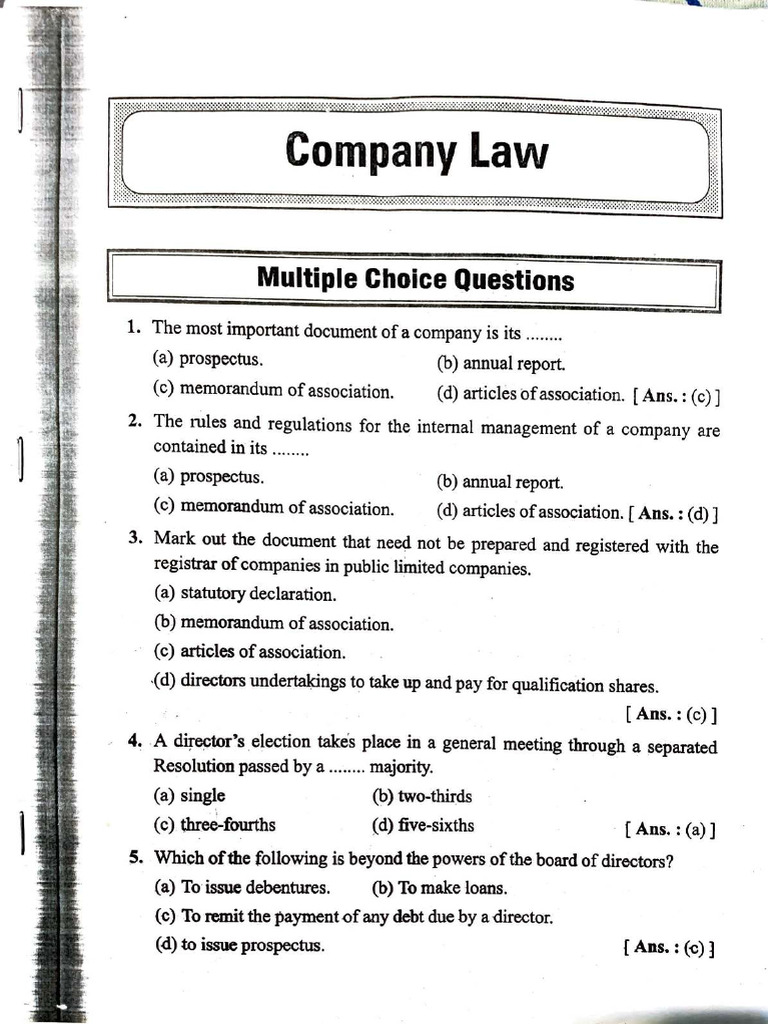 Company Law MCQs and Answers | PDF | Articles Of Association | Companies
