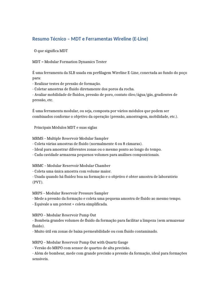 Resumo MDT Wireline Eline | PDF