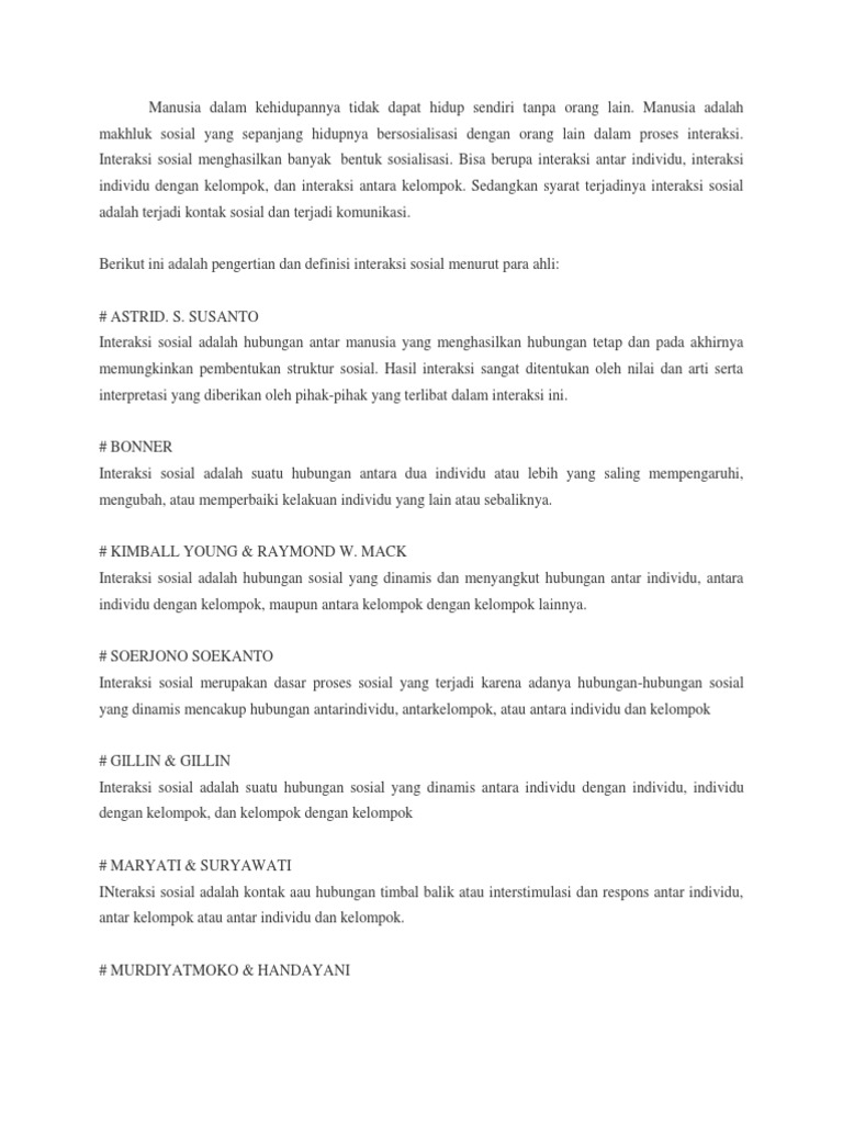 Definisi Interaksi Sosial Menurut Ahli