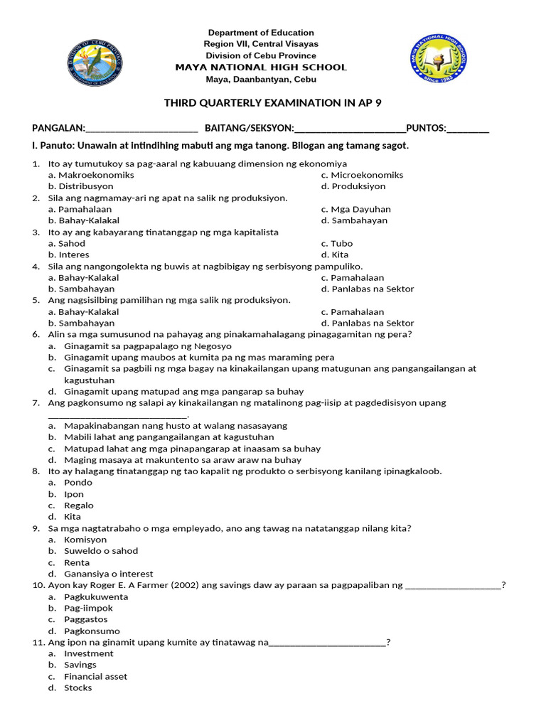 AP 9 3rd Quarter Exam Sy. 2024-2025 New | PDF