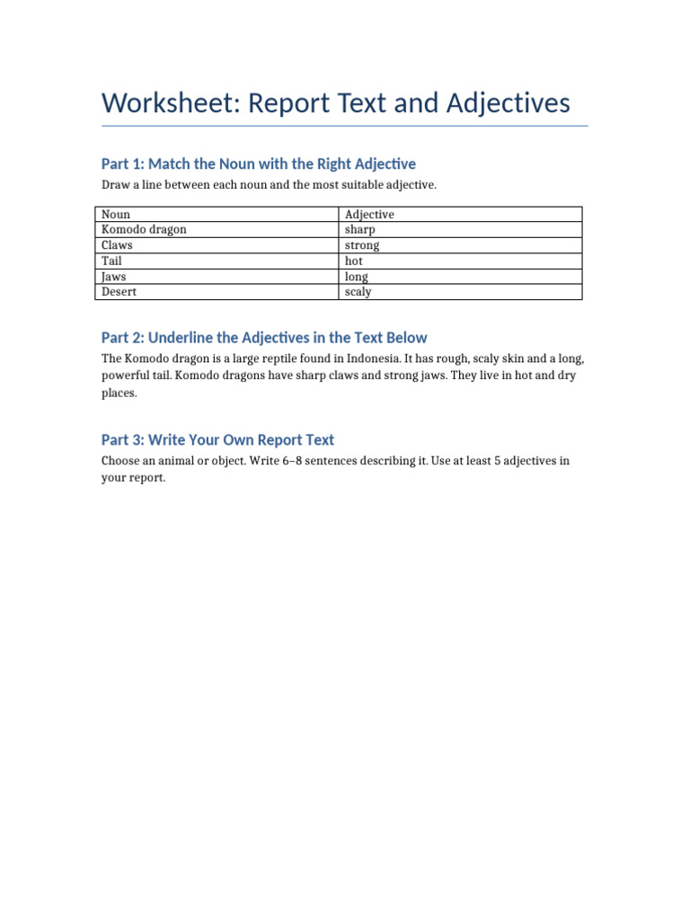 Worksheet Report Text Adjectives | PDF