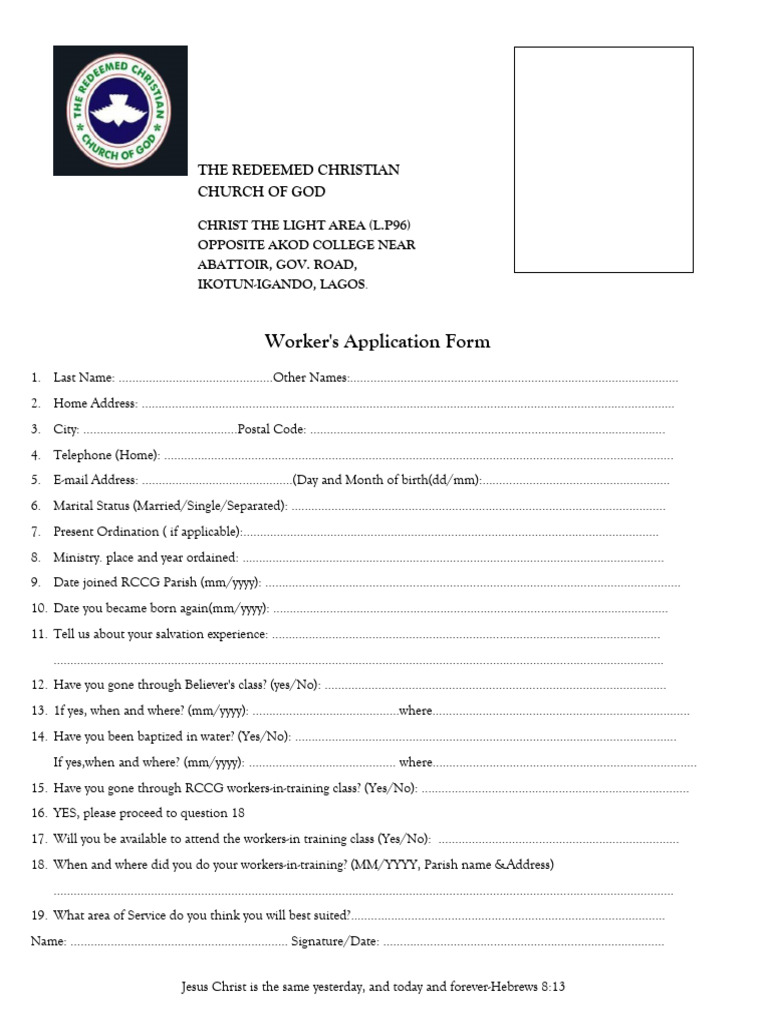RCCG Worker Application Form | PDF | Chess Theory | Chess