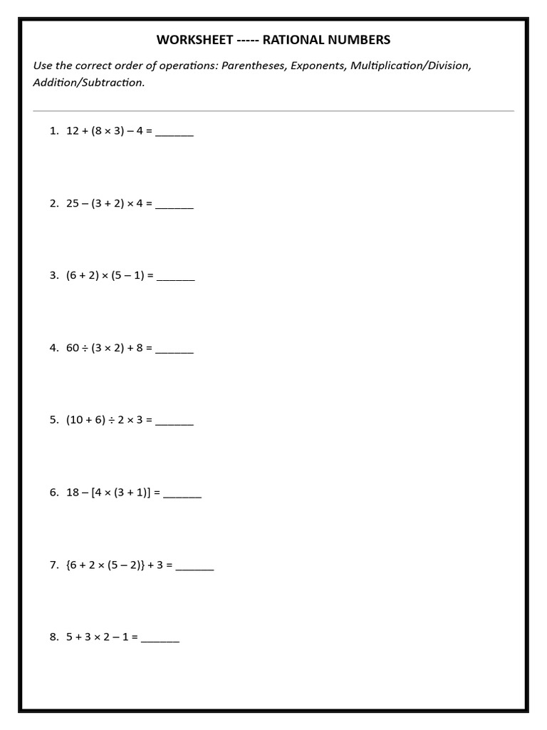 Rational Numbers Operations Worksheet | PDF
