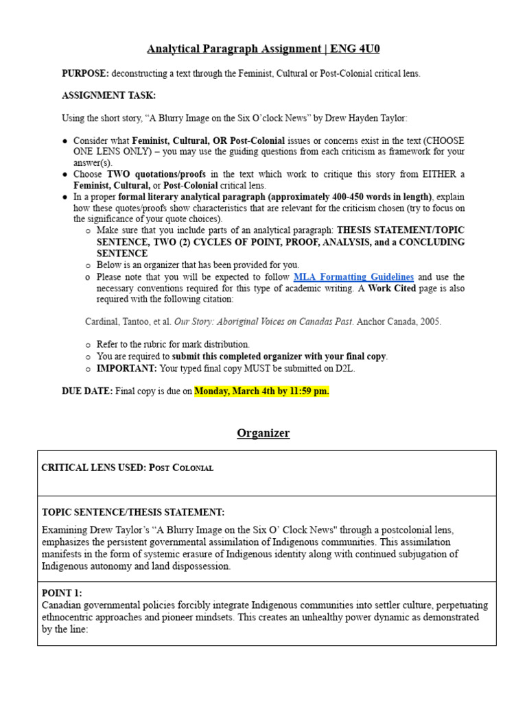 Analytical Paragraph Assignment- Organizer.docx | PDF | Indigenous ...