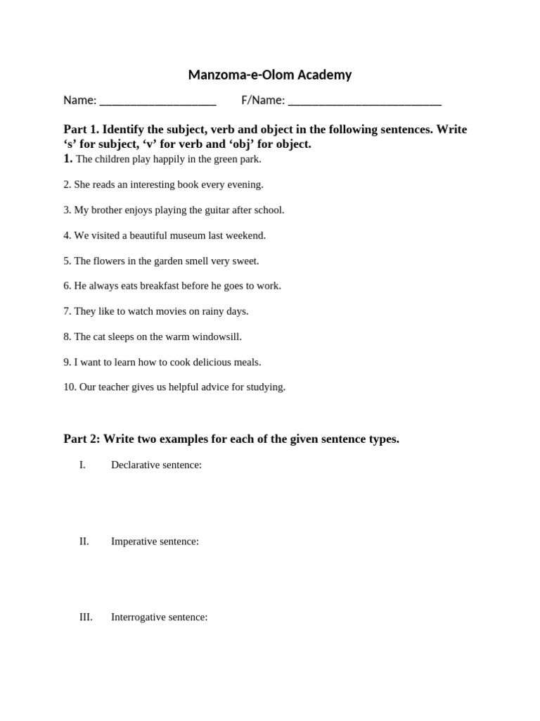 Sentence Structure and Types Exercise | PDF