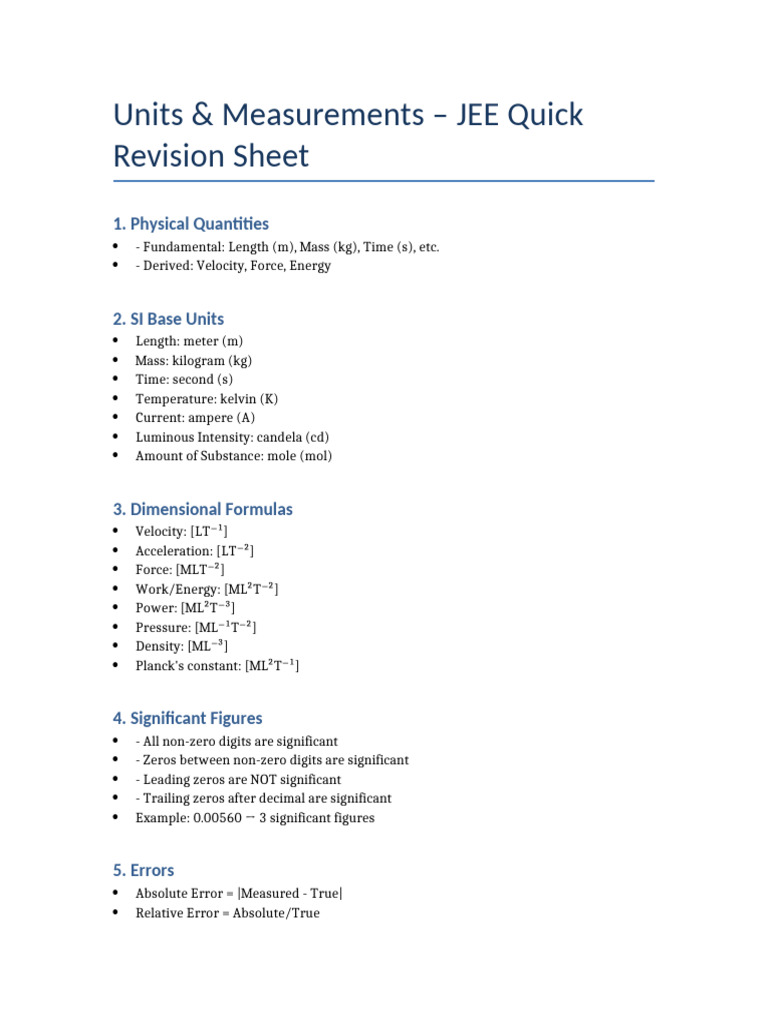 Units and Measurements JEE Revision Notes | PDF