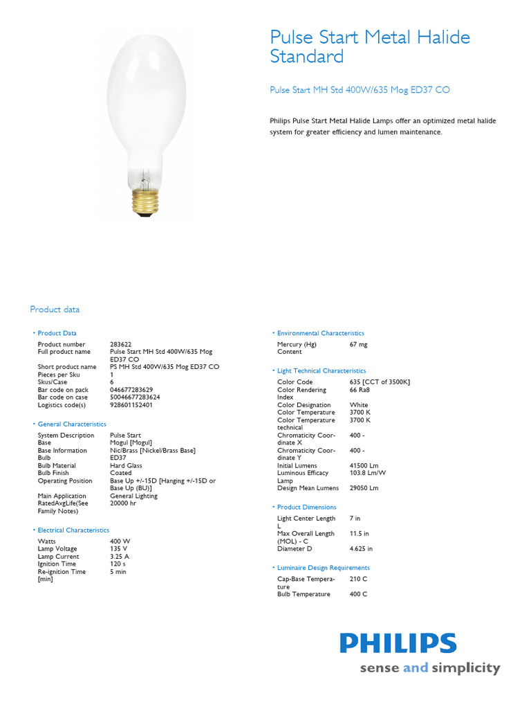 Philips 400W Pulse Start MH Lamp Specs | PDF | Electrical Components ...