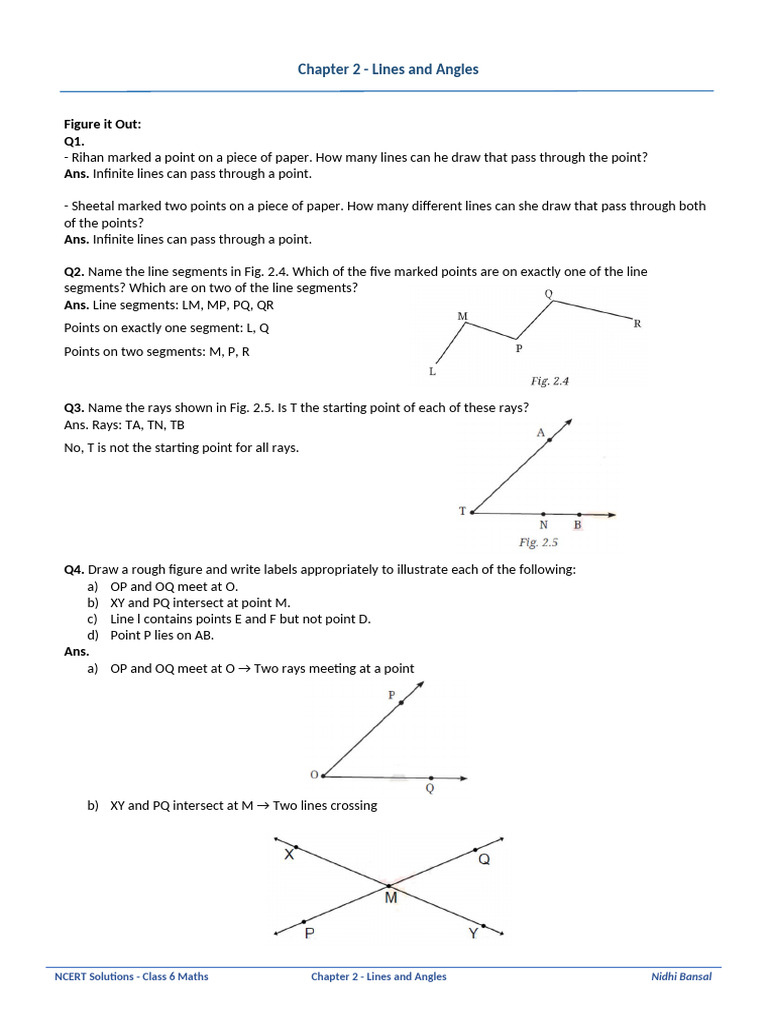 Lines and Angles: Class 6 Solutions | PDF