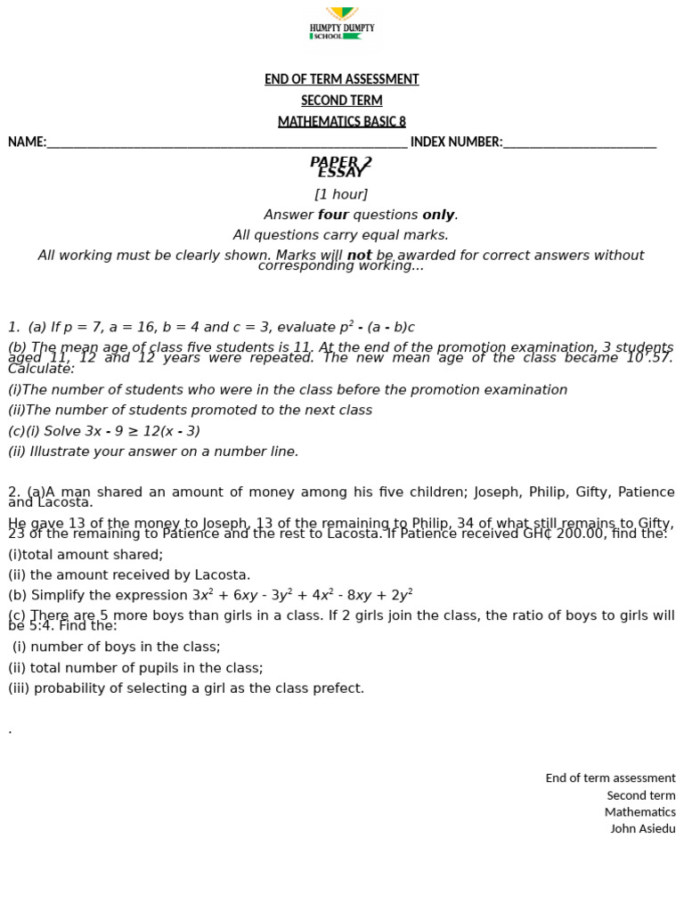 Second Term Mathematics Assessment | PDF | Cartesian Coordinate System ...