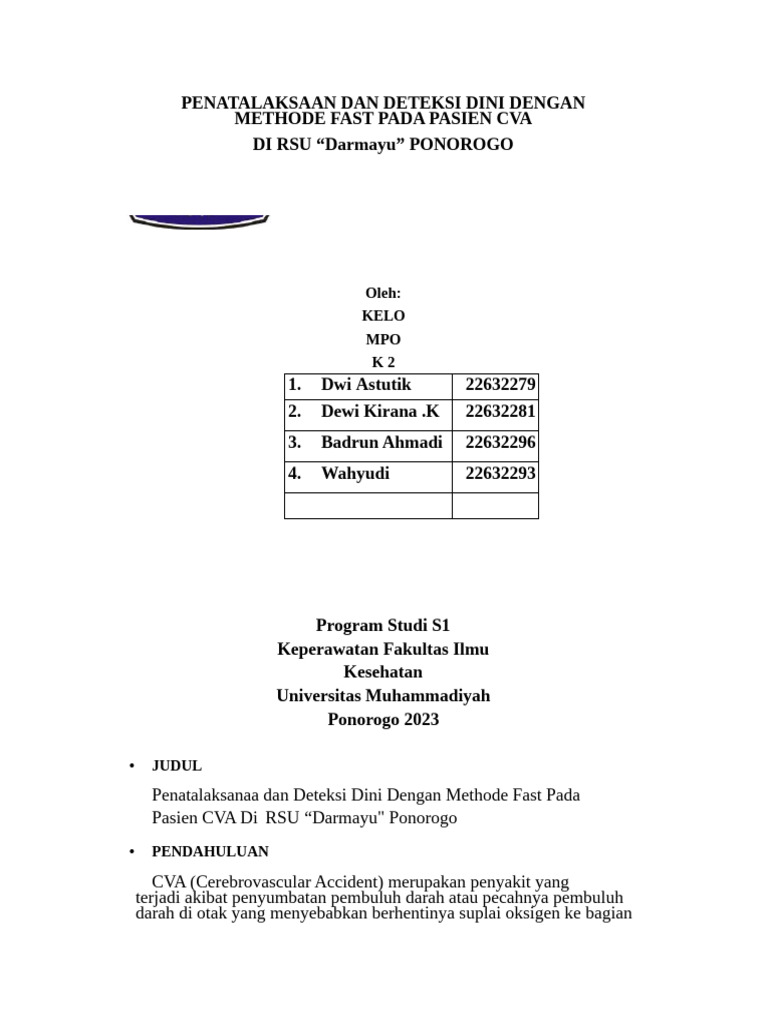 Penatalaksaan Dan Deteksi Dini Dengan Methode Fast Pada Pasien Cva | PDF