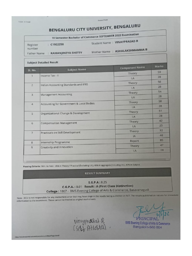 VinayPrasad Bcom Marks Sheet | PDF
