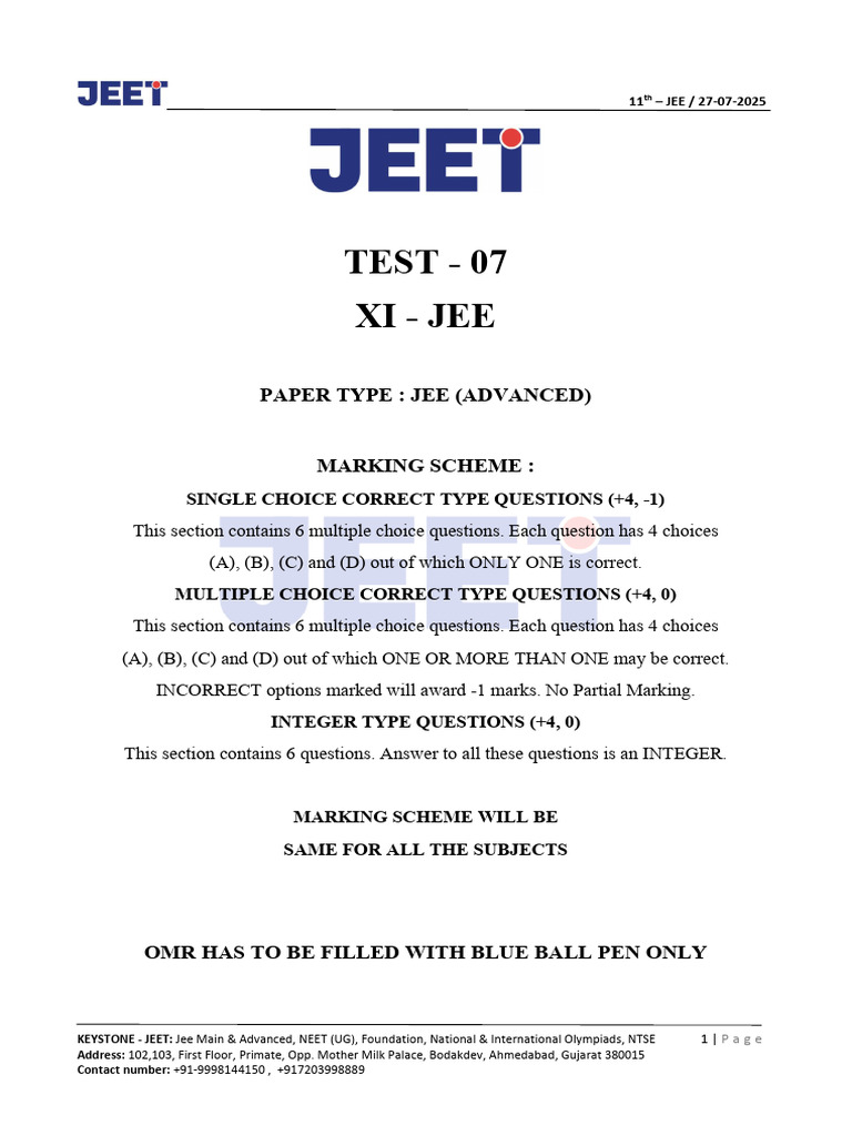 JEE Advanced Physics Test Paper 2025 | PDF | Force | Friction