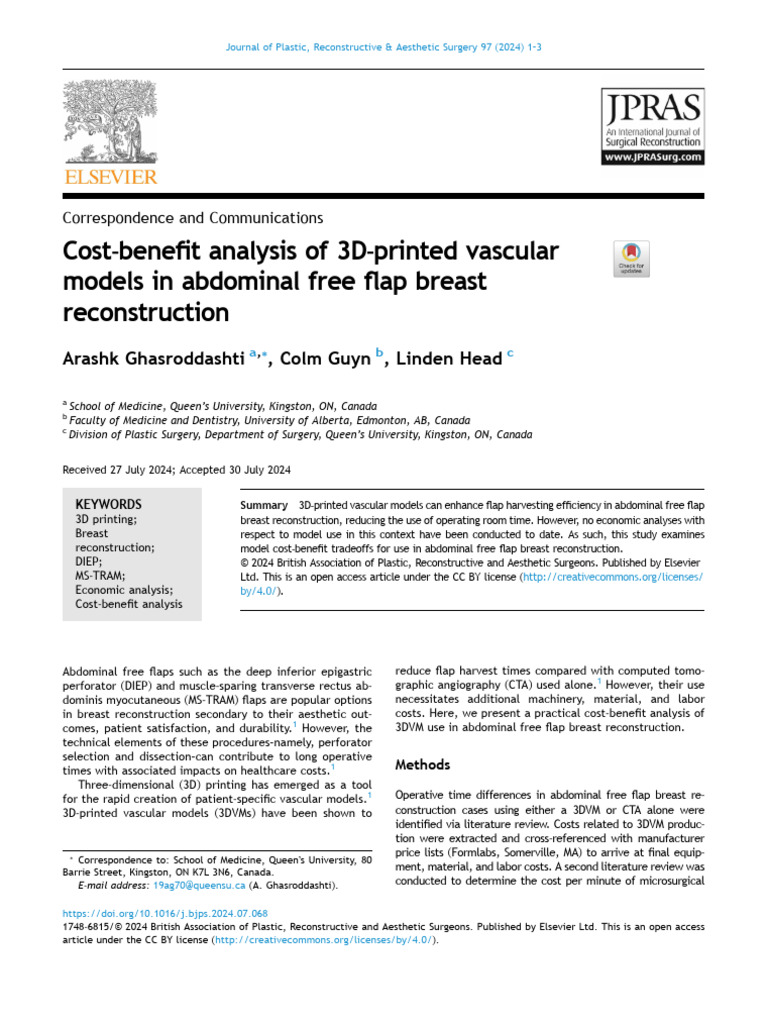 Cost Benefit Analysis of 3D Printed Vascular 2024 Journal of Plastic ...