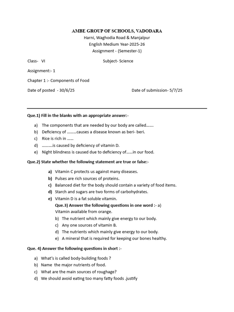 Std 6 Science Assignment 2025-26 | PDF