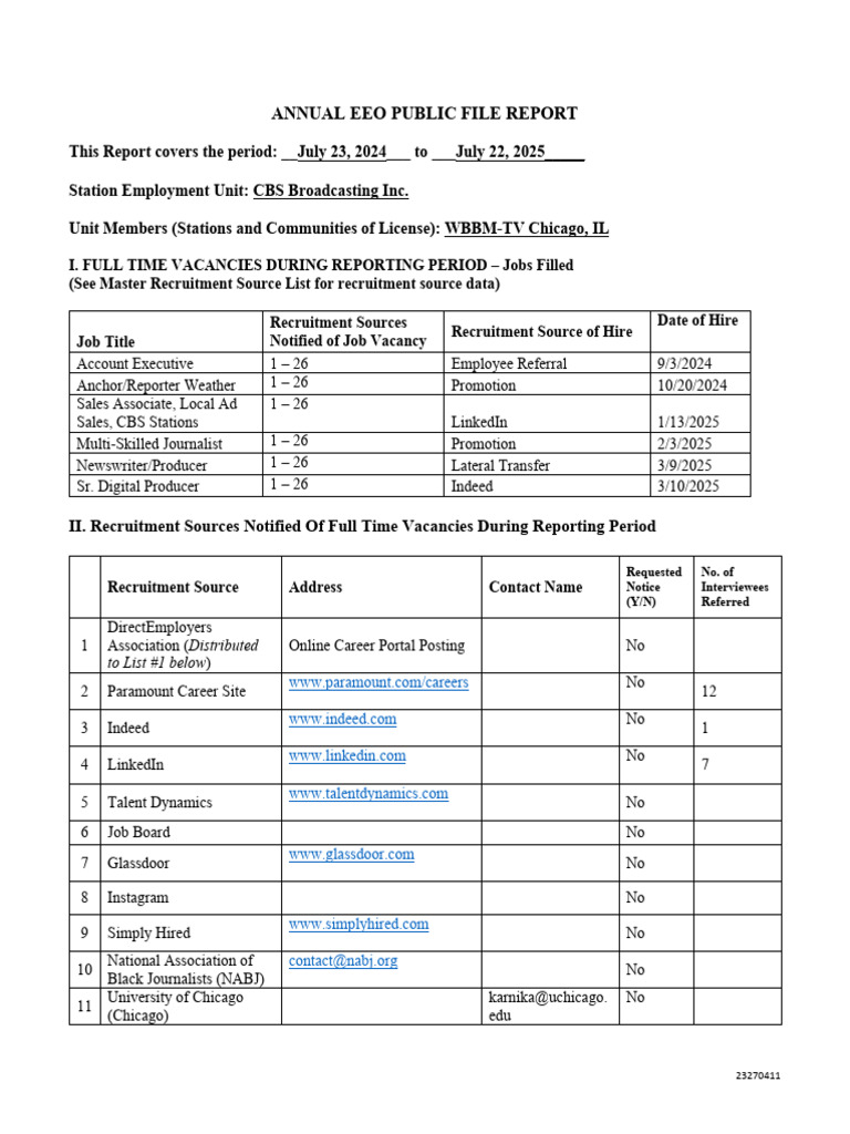 CBS EEO Public File Report 2024-2025 | PDF | Recruitment | Employment