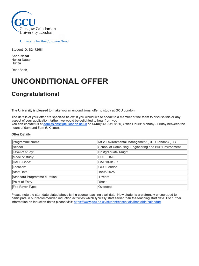 Unconditional Offer - GCU | PDF | Payments | Banks