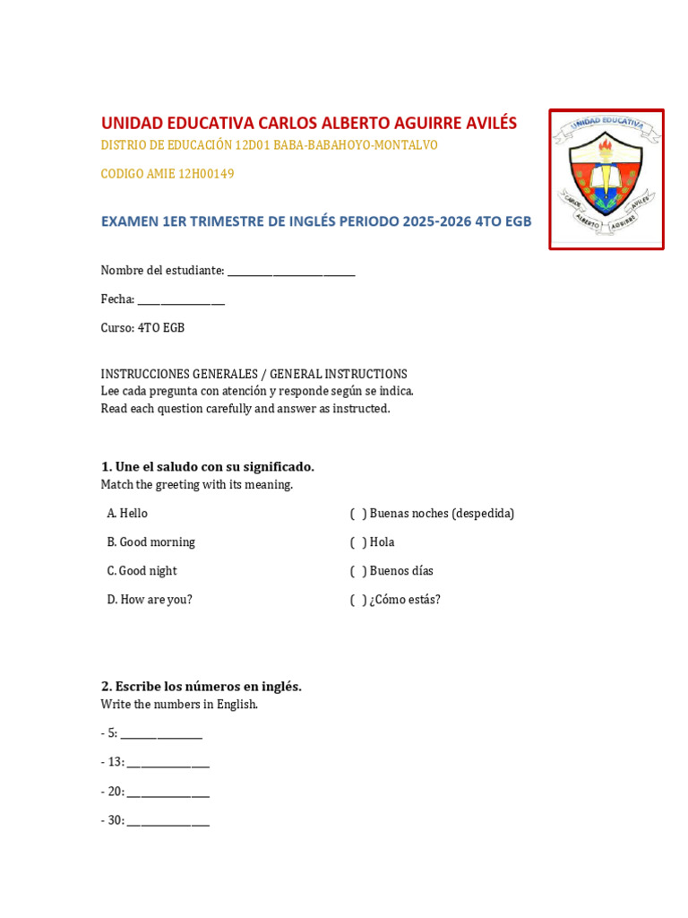 Examen de Inglés 4to EGB 2025-2026 | PDF