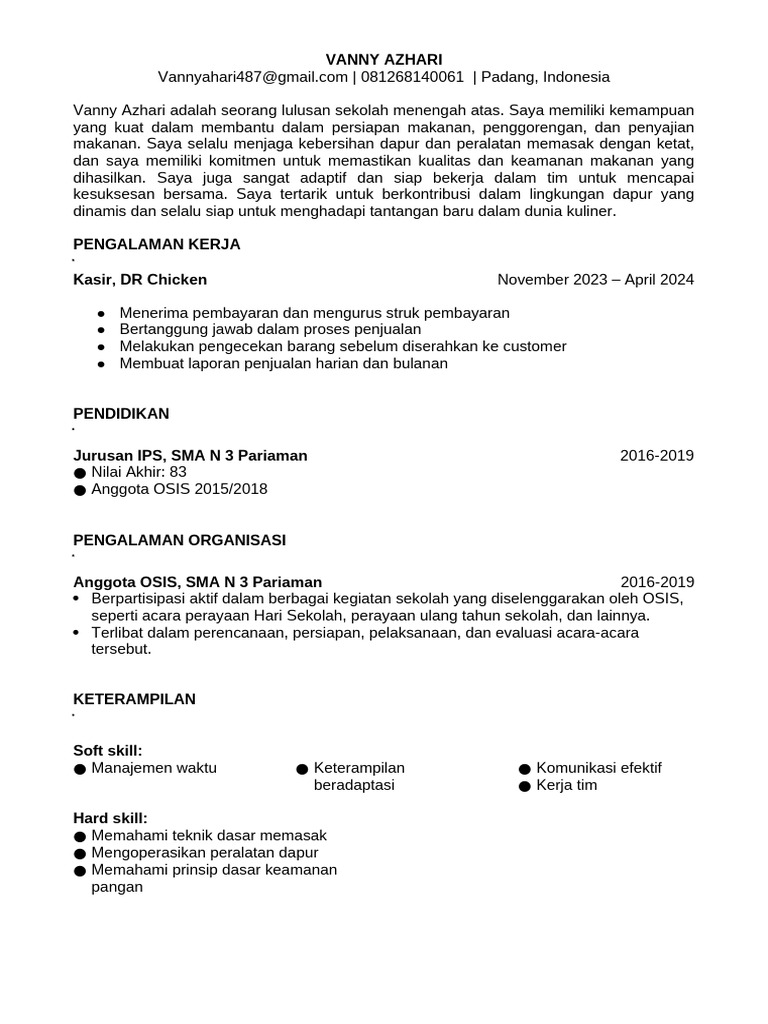 Contoh CV Cook Helper 2024 | PDF