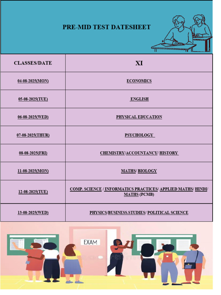 Pre-Mid Datesheet Class Xi | PDF