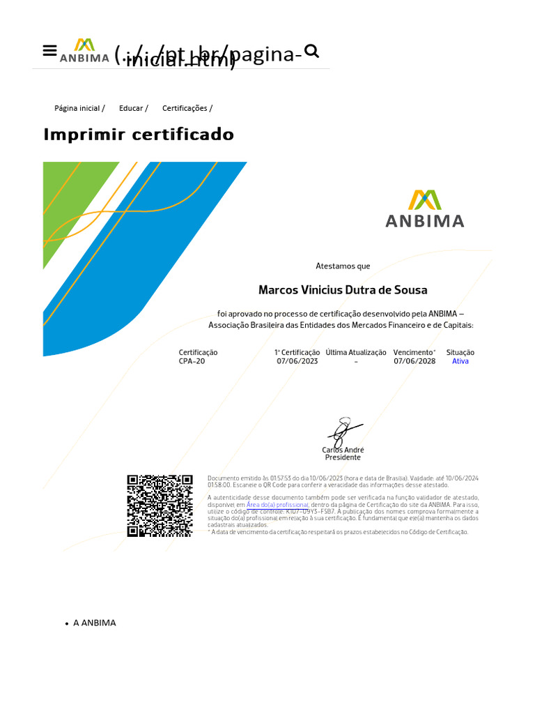 Imprimir Certificado ANBIMA | PDF