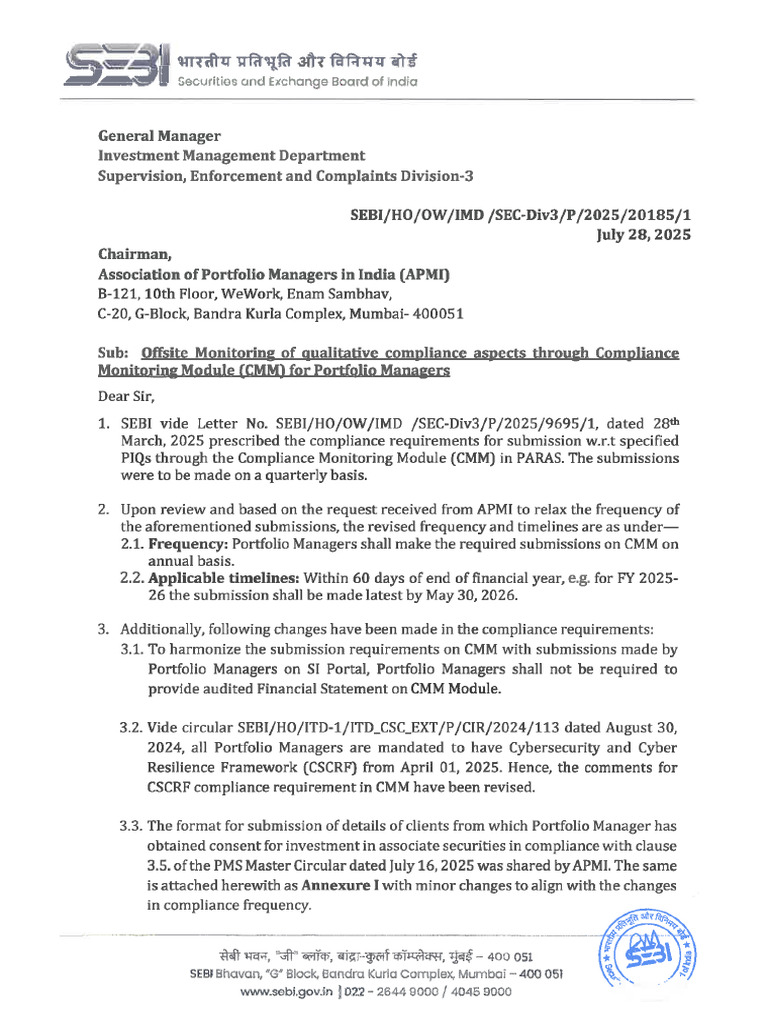 Letter From SEBI - CMM - 28.07.25 | PDF