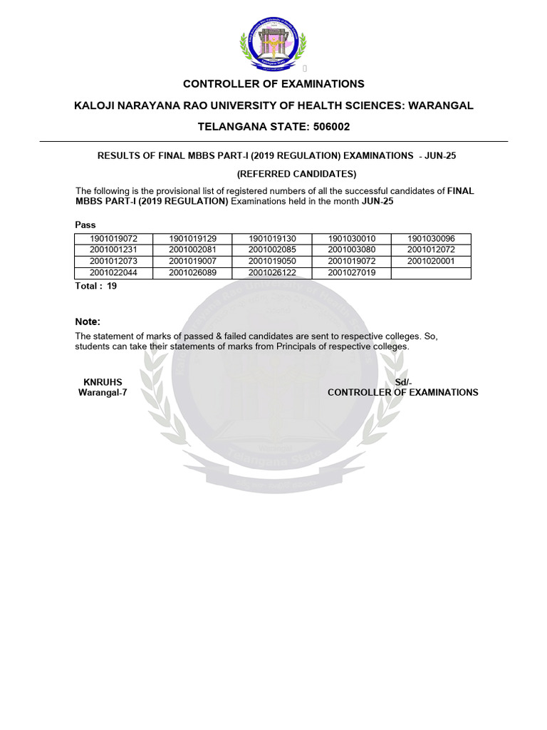 KNRUHS MBBS Exam Results June 2025 | PDF