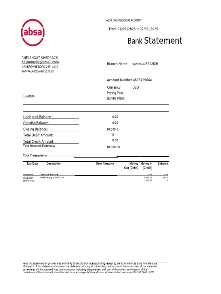 ABSA Bank Personal Account Statement | PDF | Debits And Credits | Banks