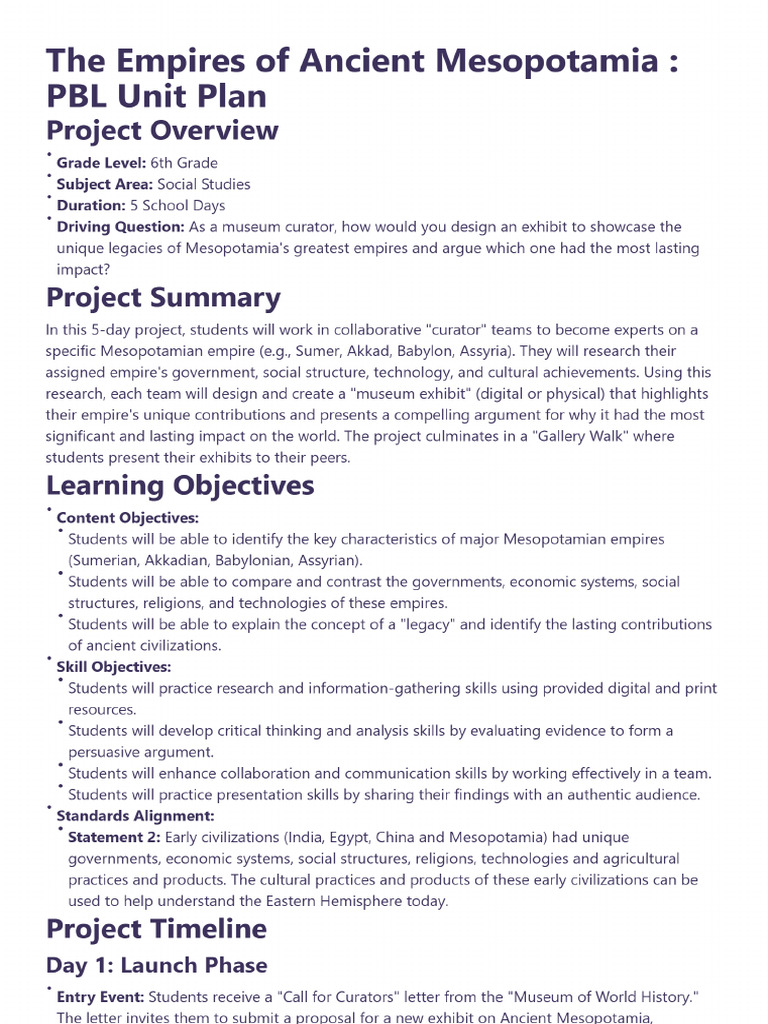 PBL Unit - Mesopotamian Empires | PDF