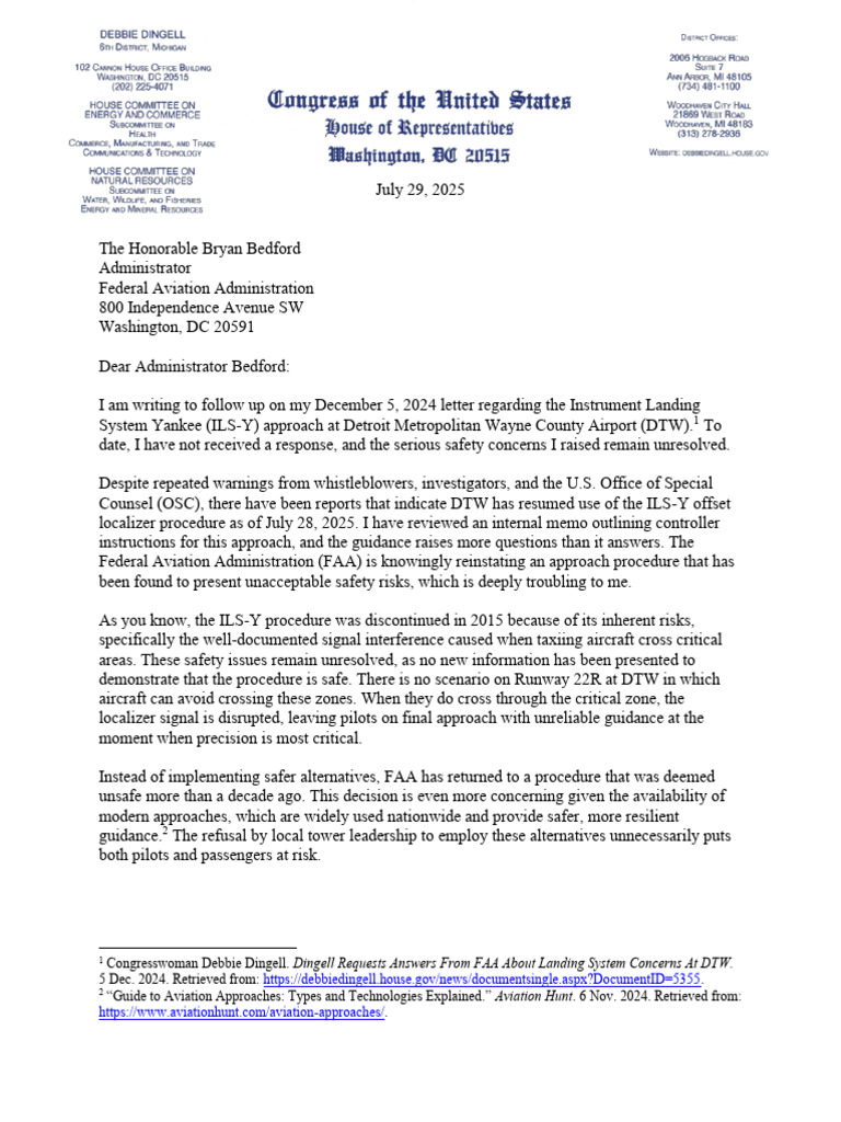 Rep. Dingell Letter To FAA Over DTW's Use of ILS-Y | PDF | Federal ...