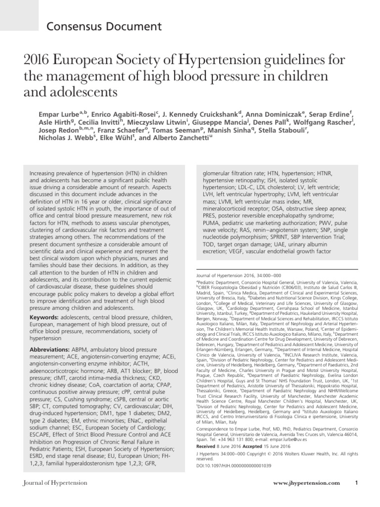 2016 European Society of Hypertension Guidelines For The Management of ...