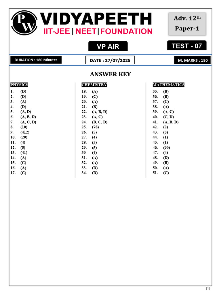AIR VP Test-07 Class-12th JEE Adv. (27!07!2025) Solution | PDF | Amine ...