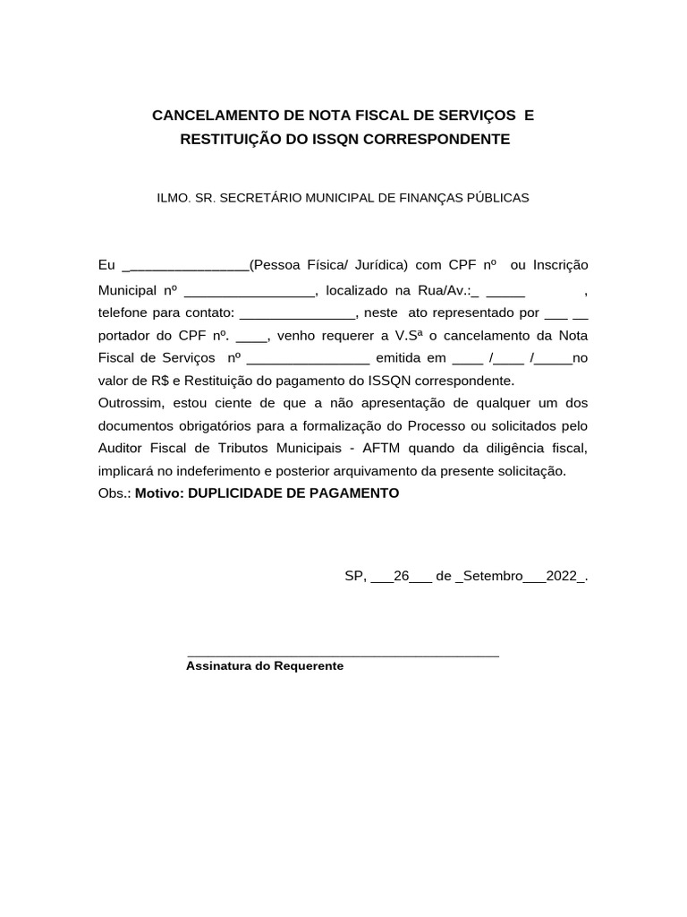 Cancelamento de Nota Fiscal e ISSQN | PDF