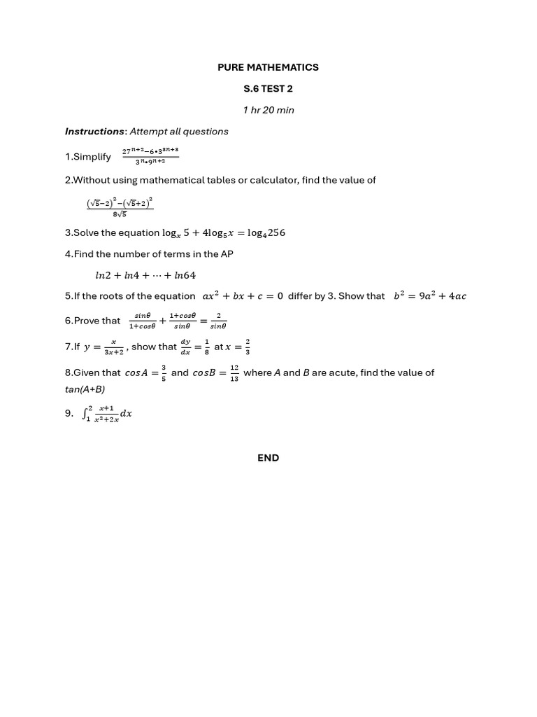 Pure Mathematics S.6 Test 2 Questions | PDF